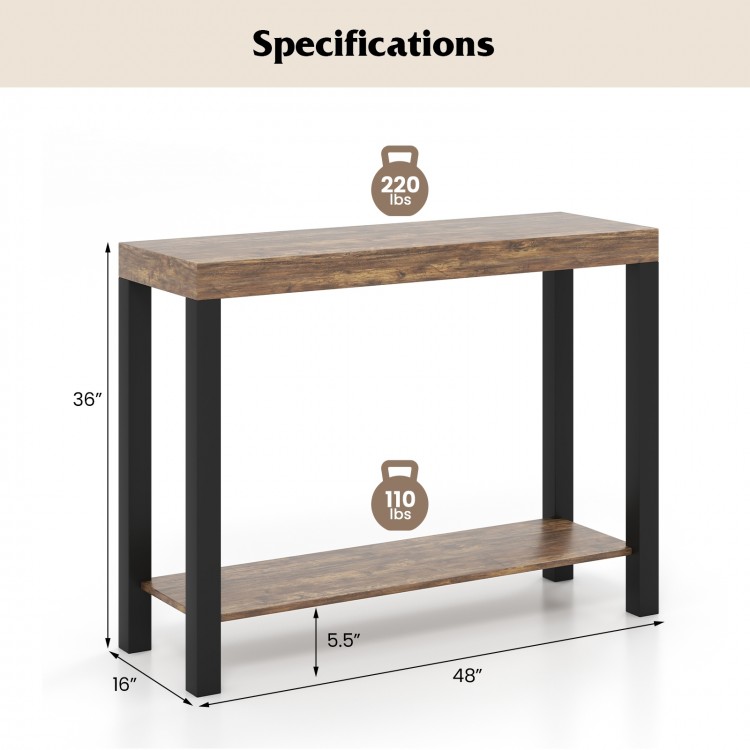 2-Tier home bar table in rustic brown with open shelves, measuring 48" x 16" x 36", ideal for kitchen or living room.