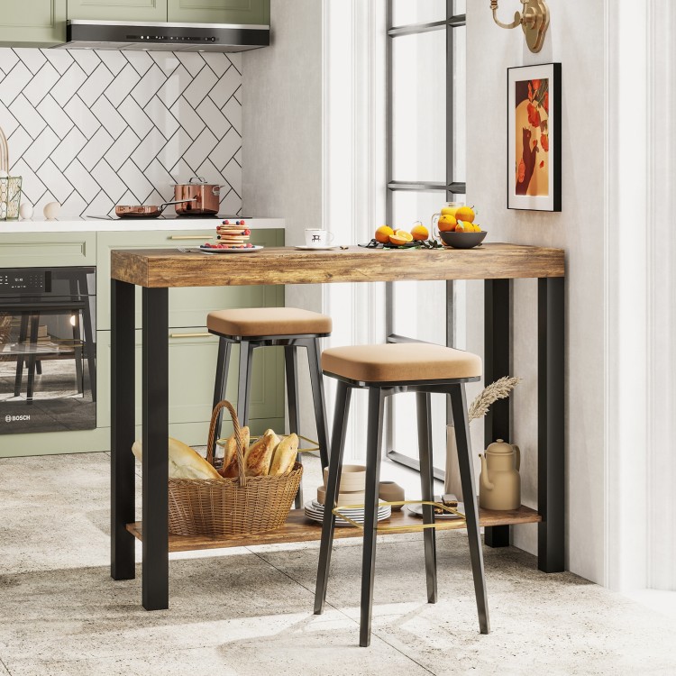 Rustic brown 2-tier home bar table showcasing dual storage space, perfect for enhancing kitchen or living room ambiance.