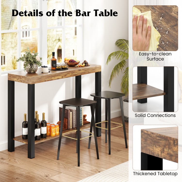 Rustic brown 2-tier home bar table with open shelves, featuring a thickened tabletop and easy-to-clean surface for.