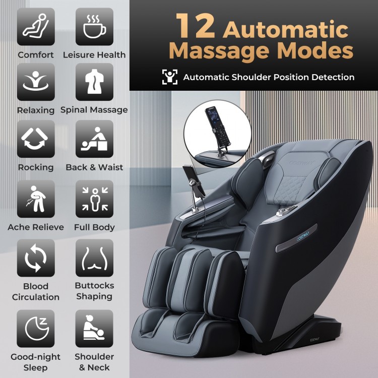 Full body massage chair in black with ergonomic design, 12 automatic modes, and waist heating for ultimate relaxation.
