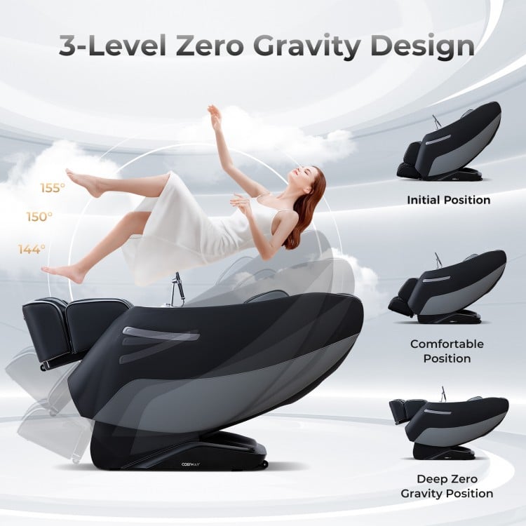 Full body massage chair in black with 3-level zero gravity design for ultimate relaxation and stress relief.
