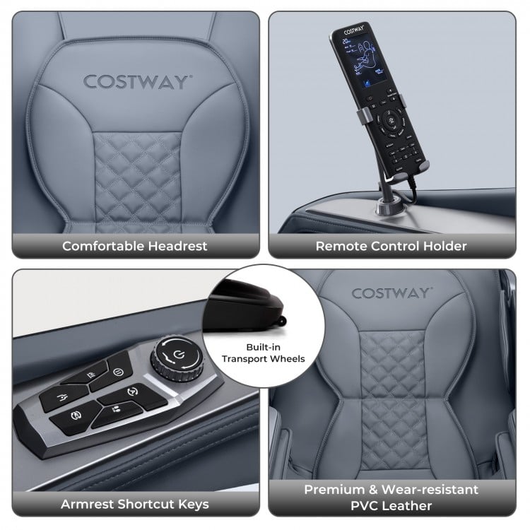 Close-up of the Relaxation 29 massage chair's remote control holder and premium PVC leather for comfortable use.