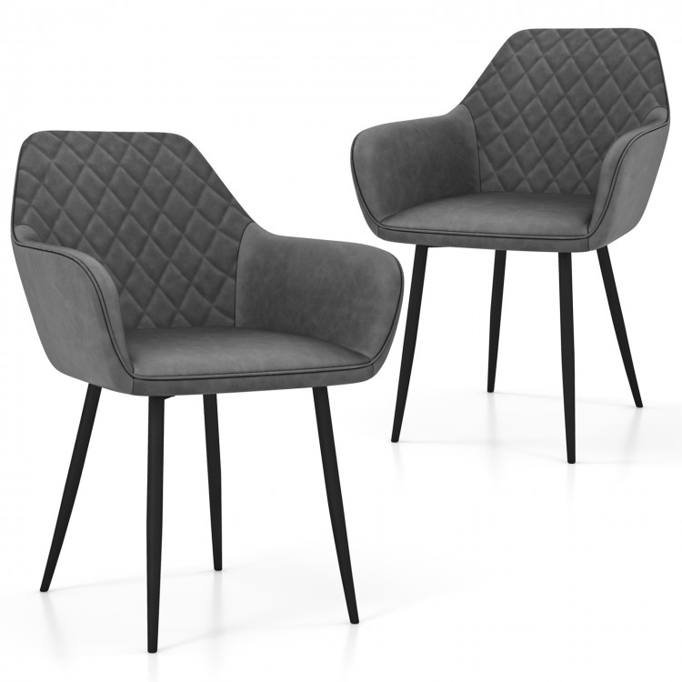 Set of 2 gray leisure dining chairs with curved backrest, sponge-filled seats, and sturdy metal legs for versatile use.