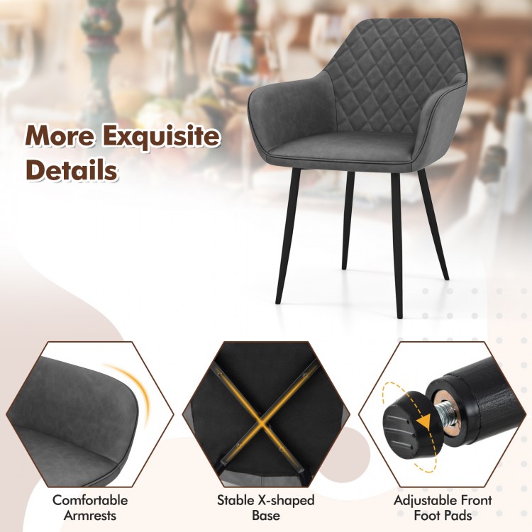 Gray leisure dining chair with curved backrest, sponge-filled seat, and adjustable foot pads for versatile comfort.