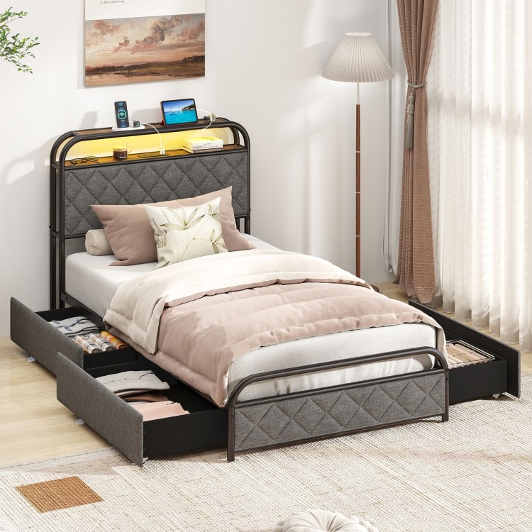 Twin size bed frame with LED lights, charging station, and fabric storage drawers for organized bedroom space.
