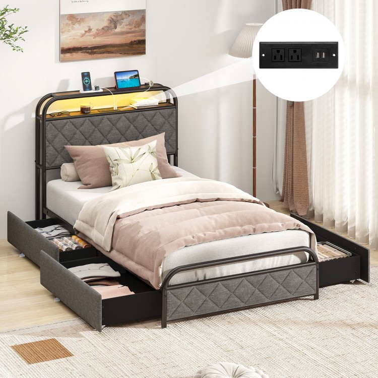 Twin size bed frame with LED lights, charging station, and fabric storage drawers for a clutter-free bedroom.