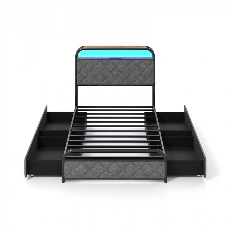 Twin size bed frame with LED lights, storage drawers, and upholstered headboard for a modern bedroom setup.