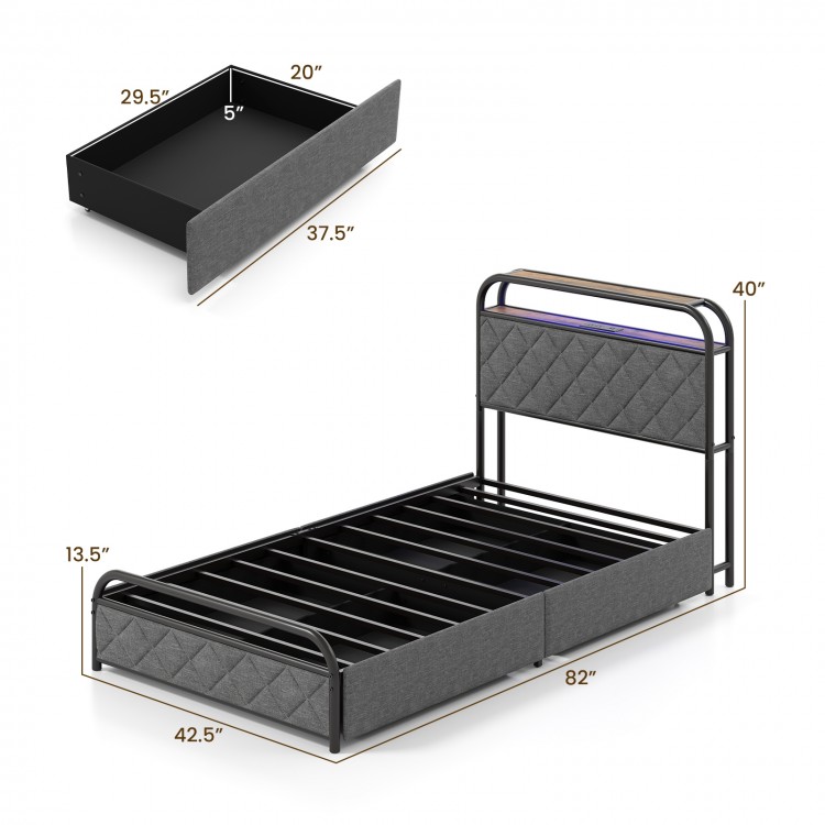 Twin size bed frame with LED lights, storage drawers, and upholstered headboard for modern bedroom organization.