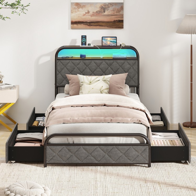 Twin size bed frame featuring a multi-color LED headboard with adjustable brightness and remote control for.