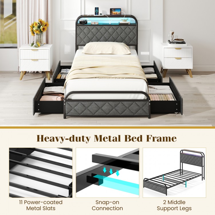 Twin size bed frame with LED lights, charging station, and 4 fabric storage drawers for organized bedroom space.