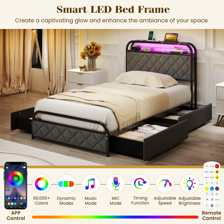 Twin size bed frame with LED lights, remote control, and storage drawers for a modern bedroom setup.