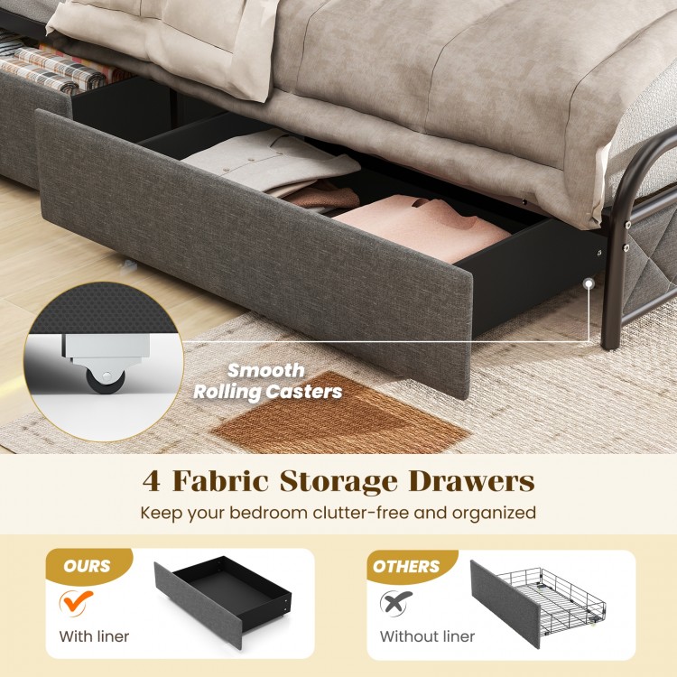 Twin size bed frame with 4 fabric storage drawers and smooth rolling casters for organized bedroom space.