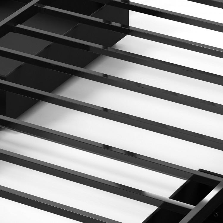 Close-up of the slatted bed frame, featuring heavy-duty metal construction for twin/full/queen size mattresses.