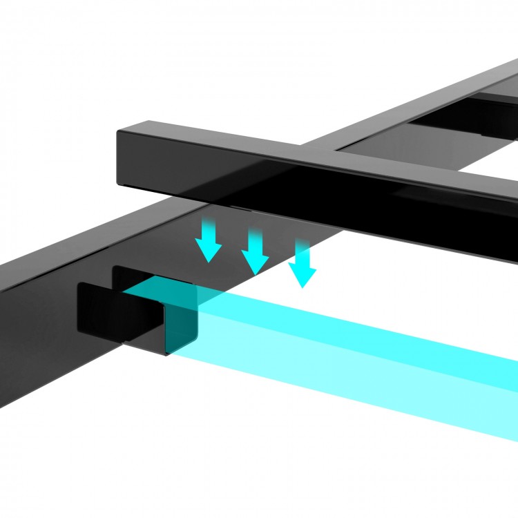 Close-up of the heavy-duty metal bed frame with LED light integration and snap-on connection for easy assembly.