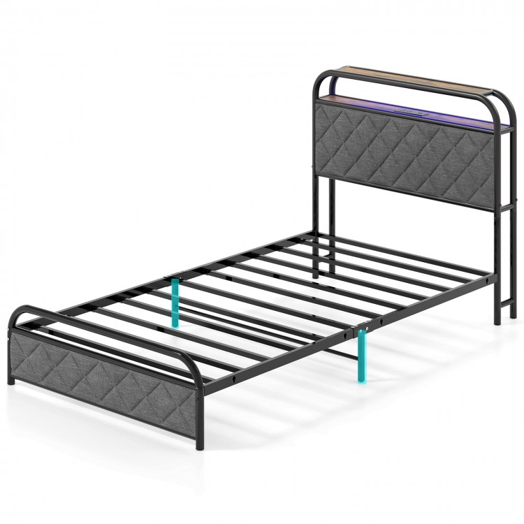 Twin size bed frame with LED lights, integrated charging station, and upholstered headboard for modern bedroom decor.