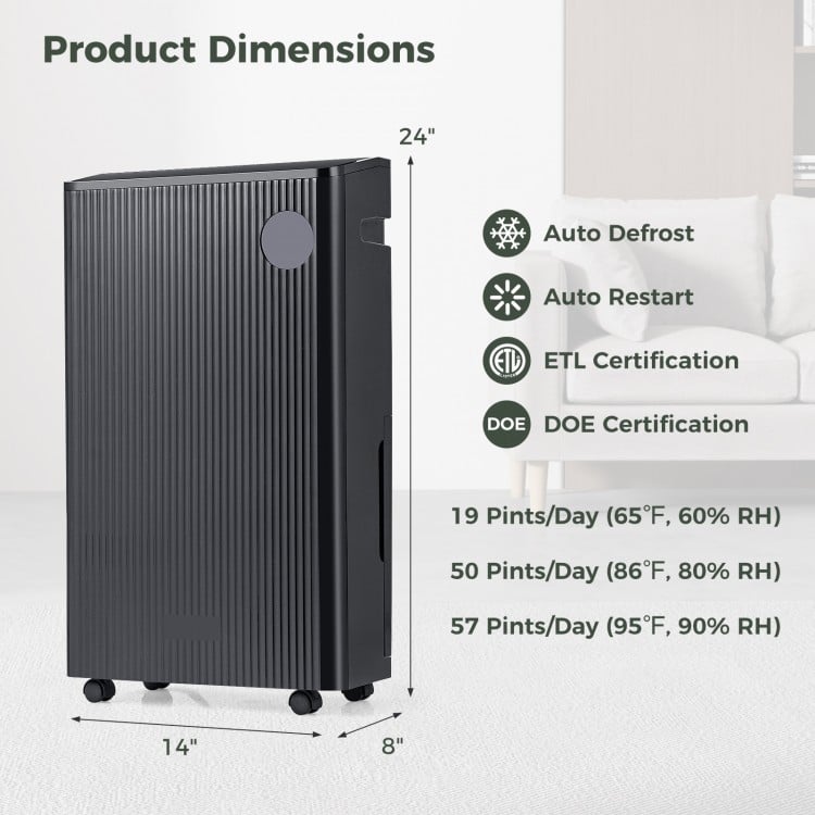 Black 57 Pint dehumidifier with 4 modes, 4500 sq.ft capacity, and digital display for efficient humidity control.