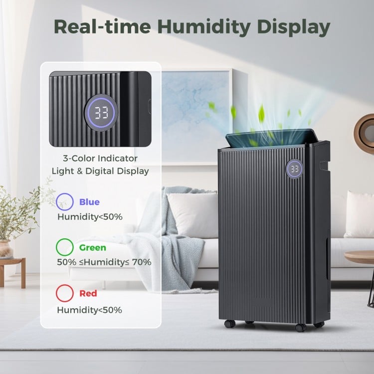 Black 4500 sq. ft dehumidifier with digital display and 3-color humidity indicator for efficient moisture control.