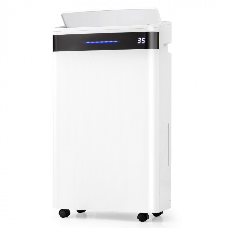 White 4500 Sq. Ft dehumidifier with LED display, 4 wheels, and 3-color humidity indicator for home and basement use.