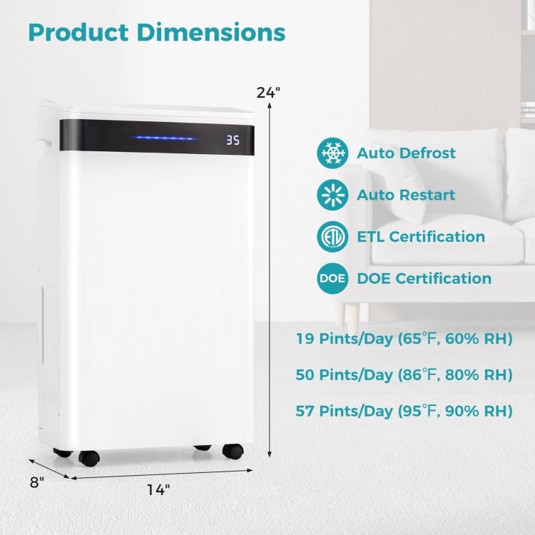 White 57 Pint dehumidifier with LED display, designed for 4500 sq.ft, featuring auto defrost and 4 wheels for easy.
