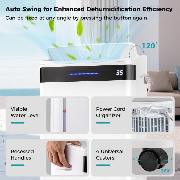 Dehumidifier with 120° auto swing, visible water level, and 4 universal casters for easy mobility in large spaces.