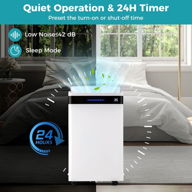 Dehumidifier with LED display, 24h timer, and low noise operation, ideal for spaces up to 4500 sq.ft.