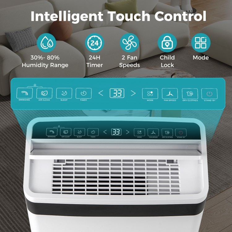 Top view of the 4500 Sq. Ft dehumidifier with touch control panel, featuring 4 modes and a 24h timer for home use.