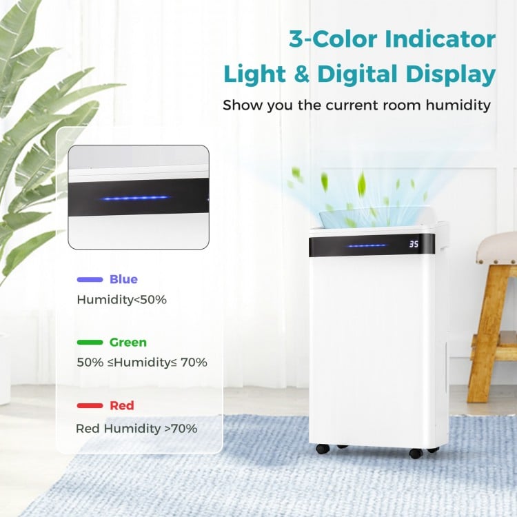 White 4500 sq. ft dehumidifier with digital display and 3-color humidity indicator for efficient moisture control.