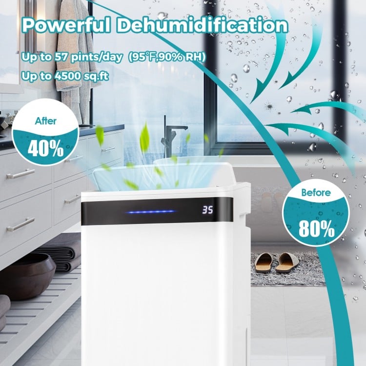 White 57 Pint dehumidifier for home and basement, designed for up to 4500 sq. ft. with LED display and 4 wheels for.