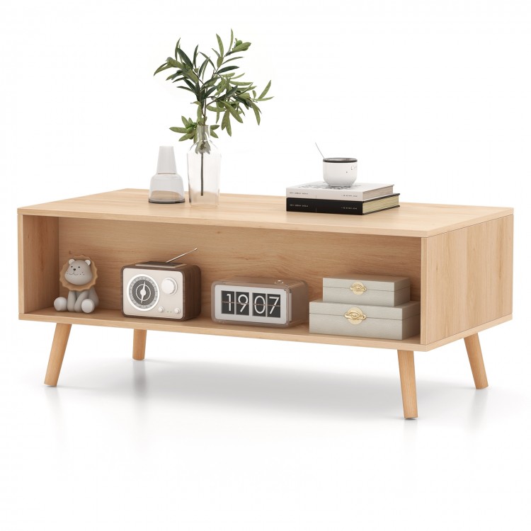 Mid-century modern rattan coffee table with two storage drawers and open compartment, perfect for stylish living room.