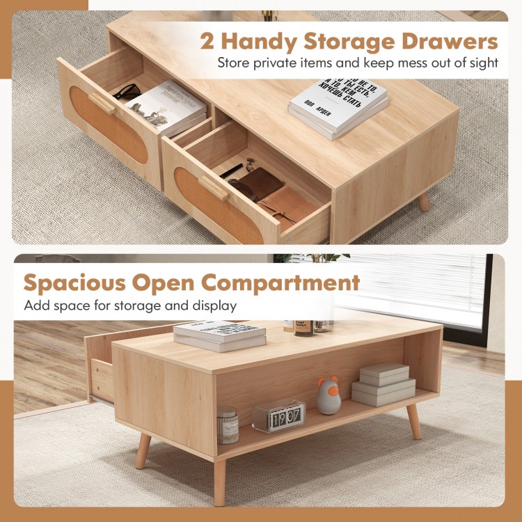 Mid-century modern rattan coffee table with 2 storage drawers and spacious open compartment for stylish organization.