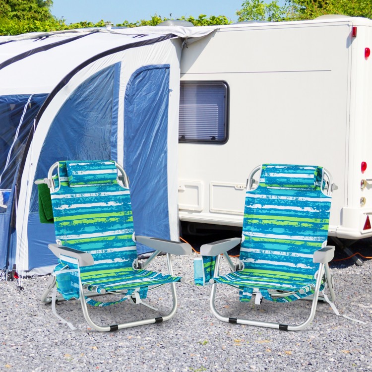 Foldable beach chairs set of 2 in green with adjustable backrests and cup holders, perfect for outdoor relaxation.
