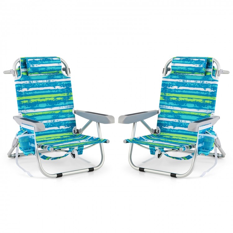 Two foldable beach chairs with adjustable backrests in green and blue, featuring cup holders and storage pockets for.