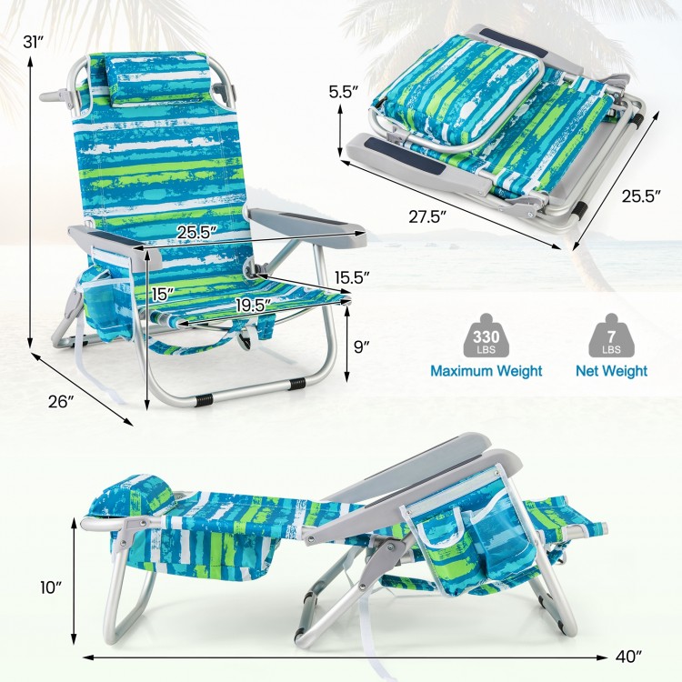 Foldable beach chair set of 2 in green with adjustable backrest, cup holder, and storage pockets for outdoor relaxation.