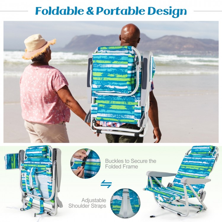 Foldable backpack beach chair set of 2 in green with adjustable backrest, cup holder, and storage pockets for outdoor.