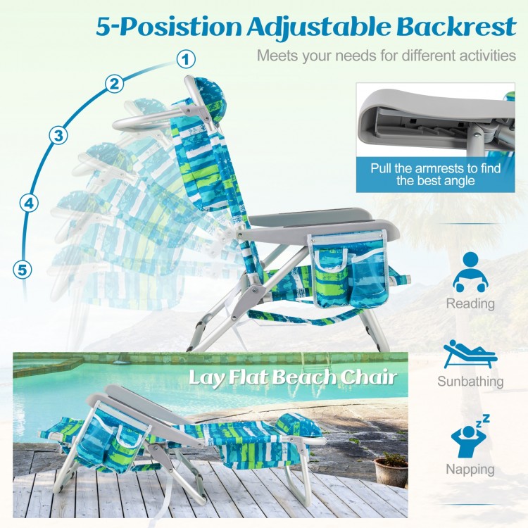 Single foldable beach chair in green with a 5-position adjustable backrest, ideal for sunbathing or reading by the pool.