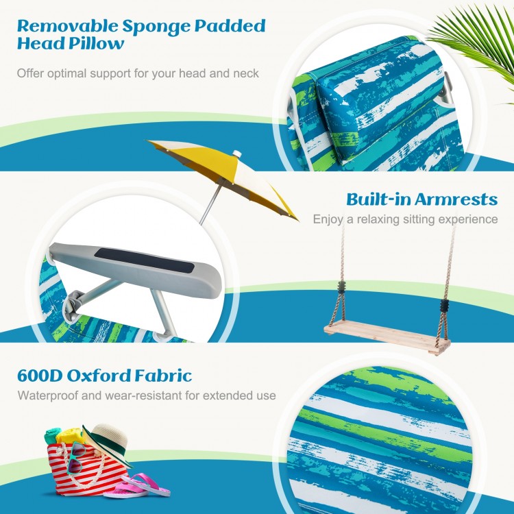 Foldable beach chair set of 2 in green with adjustable backrest, removable head pillow, and storage pockets for.
