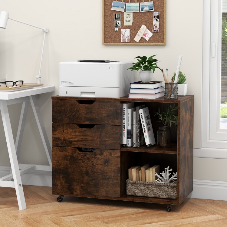 3-drawer file cabinet in rustic brown with adjustable shelf and wheels, ideal for home office organization.