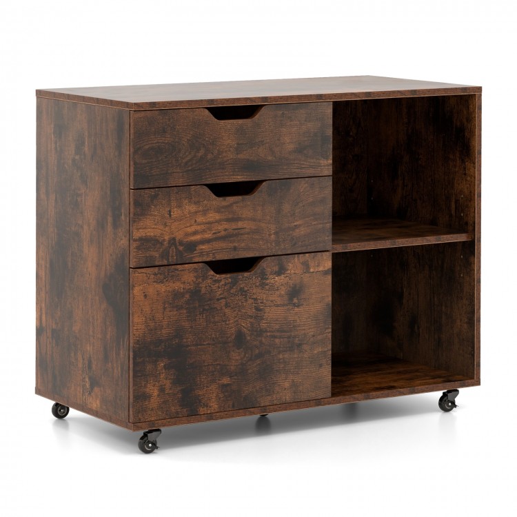 3-drawer file cabinet in rustic brown with adjustable shelf and wheels, ideal for home office storage and organization.