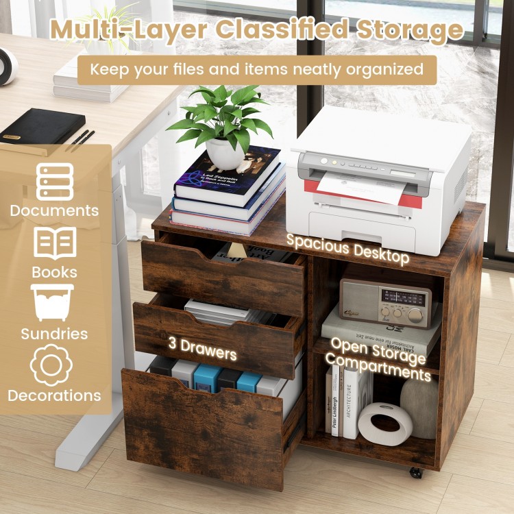 3-drawer file cabinet in rustic brown with adjustable shelf, wheels, and open storage compartments for organized office.