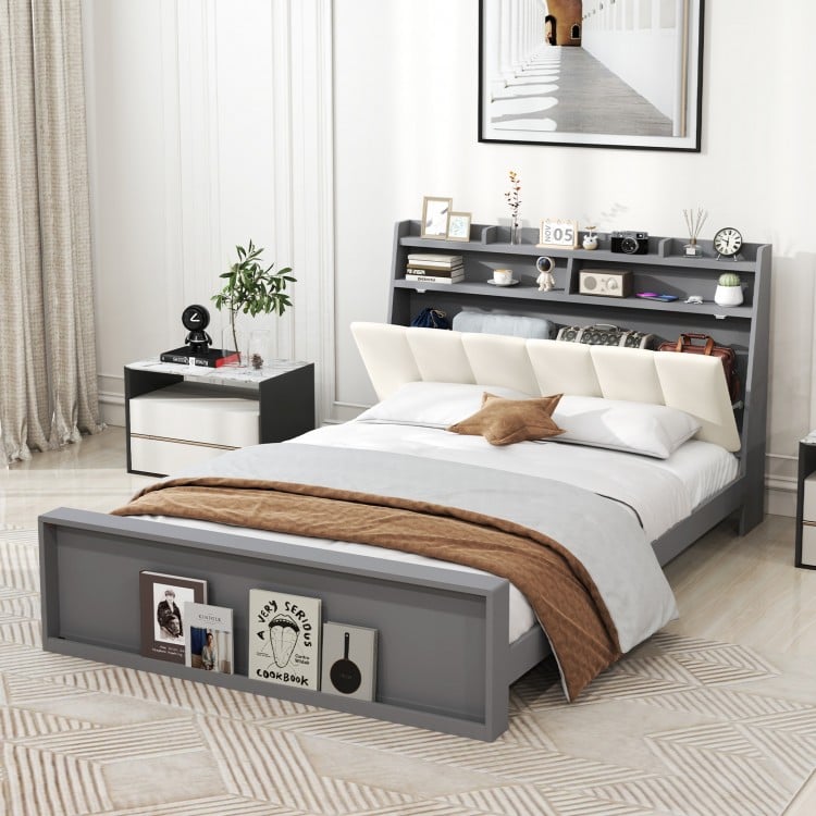 Full size bed frame with ergonomic upholstered headboard, open shelves, and hidden storage for modern bedroom decor.