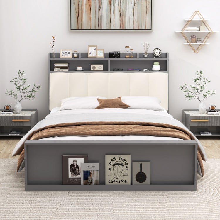 Full size bed frame with ergonomic upholstered headboard, open shelves, and hidden storage for optimal comfort and.