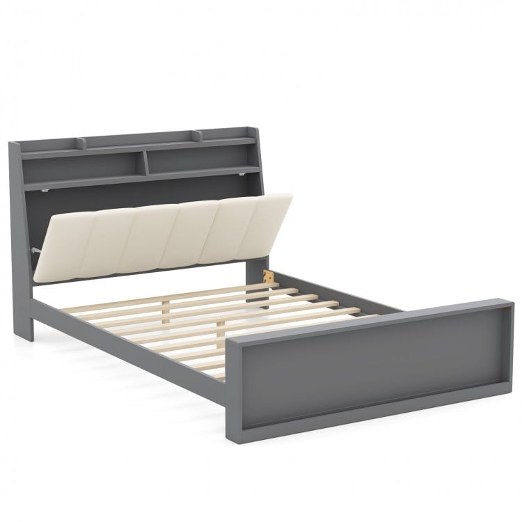 Full size bed frame with ergonomic upholstered headboard, open shelves, and hidden storage for modern bedroom.