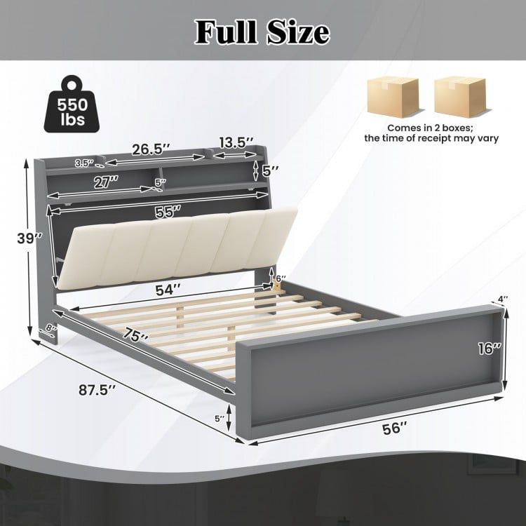 Full size bed frame dimensions with ergonomic headboard, hidden storage, and sturdy plywood slats for reliable support.