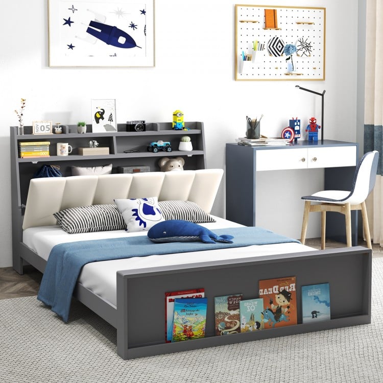 Full size bed frame with ergonomic upholstered headboard, open shelves, and hidden storage for books and personal items.