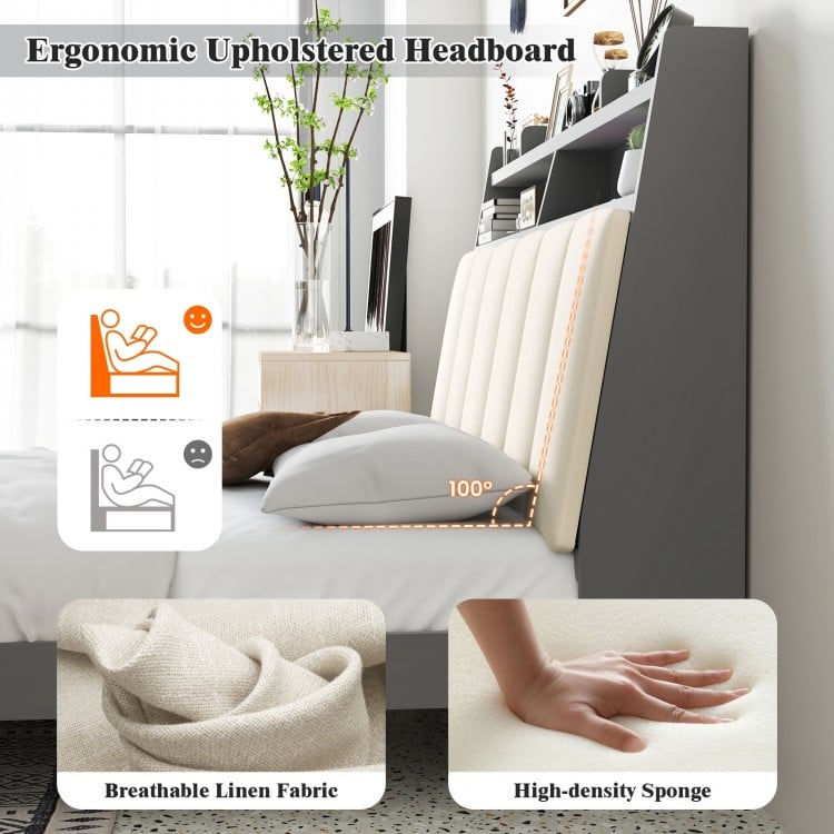 Ergonomic upholstered headboard with 100° tilt, padded with high-density sponge for comfort in a full-size bed frame.