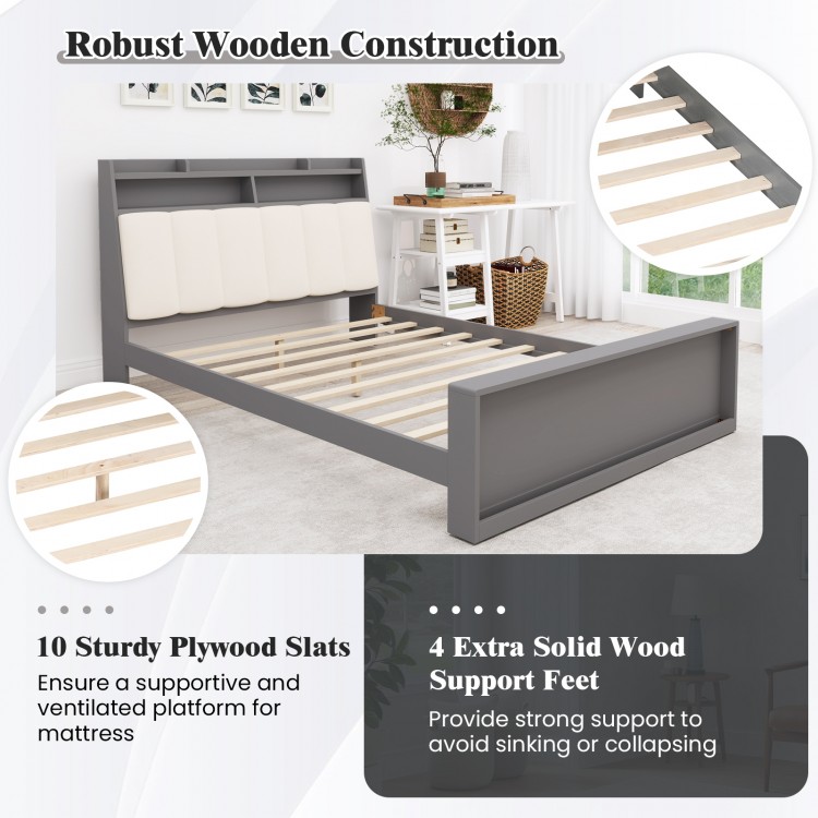 Full size bed frame with ergonomic upholstered headboard, sturdy plywood slats, and hidden storage for modern bedrooms.