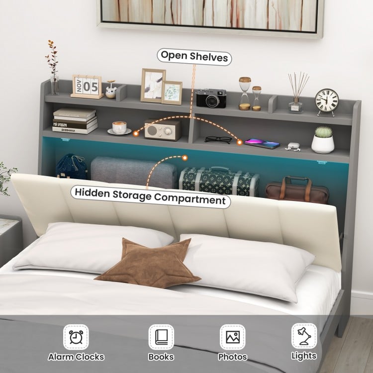 Full size bed frame with ergonomic upholstered headboard, open shelves, and hidden storage compartment for versatile.