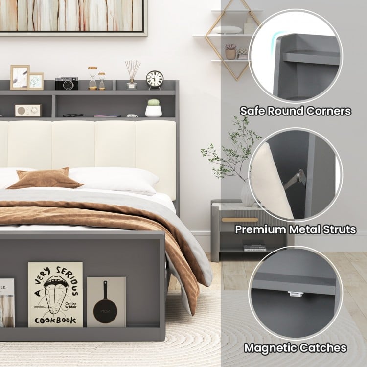 Full size bed frame with ergonomic upholstered headboard, open shelves, and hidden storage for optimal bedroom.