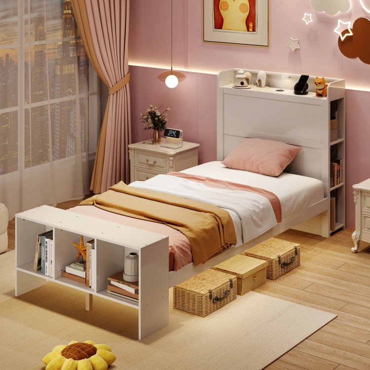 Twin size bed frame with storage headboard, USB ports, and adjustable LED lights, perfect for modern bedroom decor.