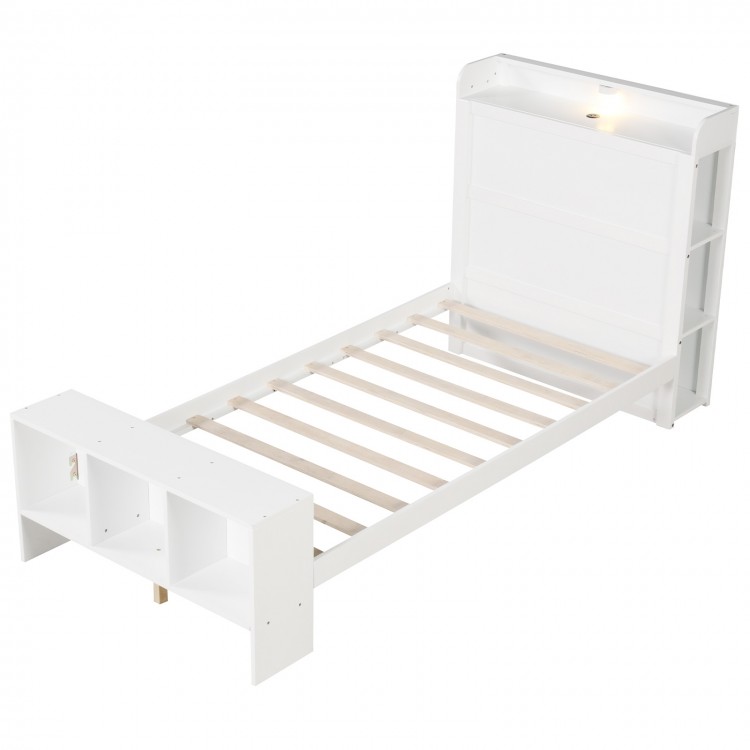 Twin size bed frame with storage headboard, 2 USB ports, and adjustable LED lights for modern bedroom convenience.